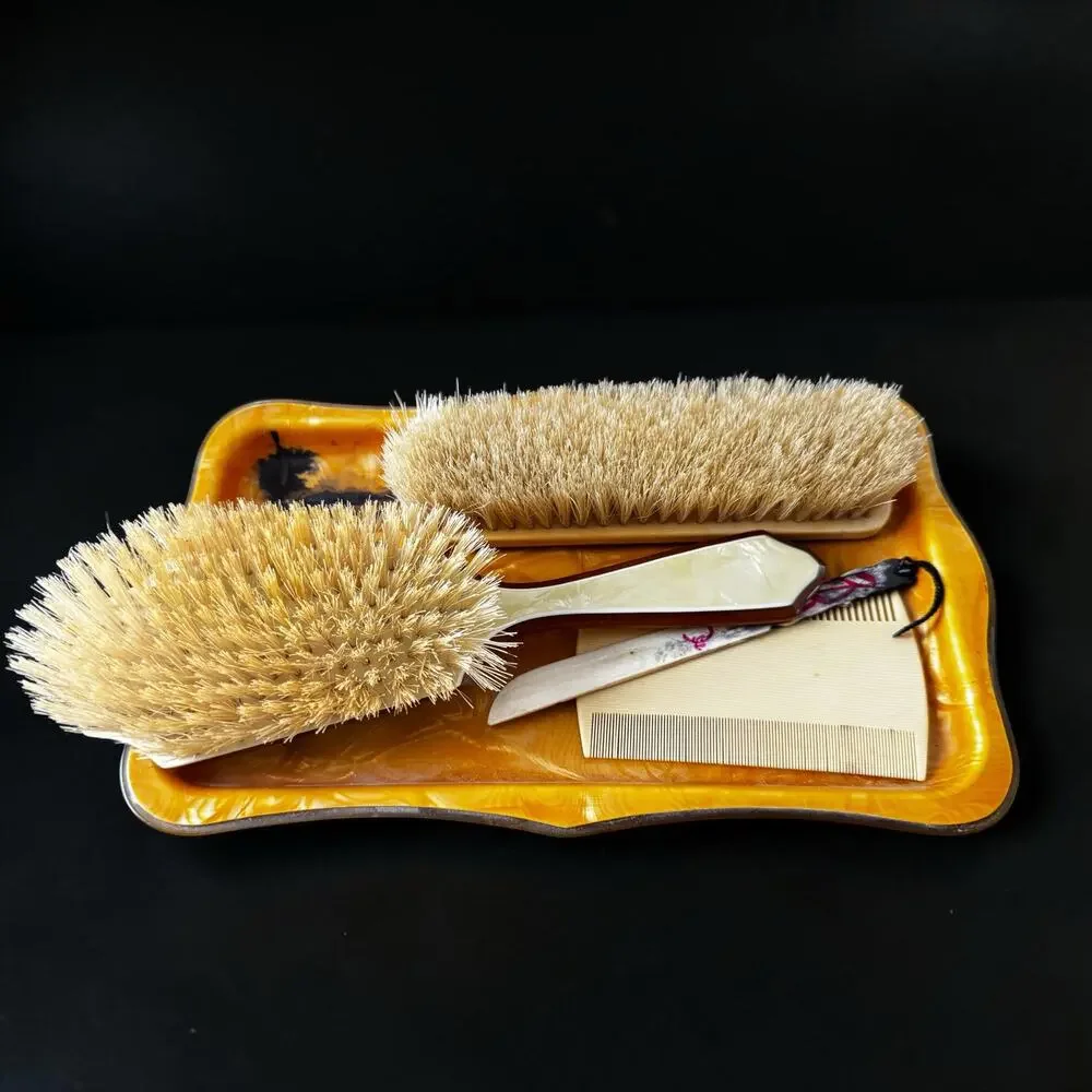 Vintage Amber Tortoise Celluloid Vanity Dresser Set Tray Brush Comb Art Deco